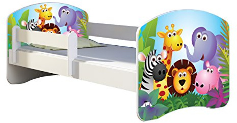 ACMA II Letto per bambino Cameretta per bambino con materasso Rete a doghe, Bianco (01 Zoo, 140x70)