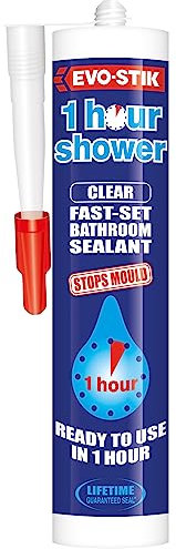EVO-STIK 1 Hour Shower Bathroom Sealant, Fast Setting, Ready to Use in 1 Hour, Stops Mould, Colour: Clear, Size: 290ml