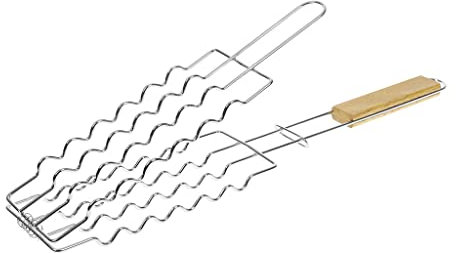 RUECAB – Parrilla de cocina para barbacoa y ahumadero – Parrilla doble para salchicha, parrilla de barbacoa salchicha, parrilla de barbacoa – Material: acero cromado – Tamaño: 29 x 9 cm – 6 salchichas