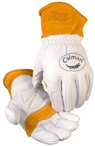 Caiman Premium Goat Grain TIG/MIG Welding Gloves with Wool Insulated Back, Scalloped Cuff, Boarhide Palm, Unlined, Reinforced Thumb, Kevlar, Kontour Design, White/Gold, X-Large (1871-6)