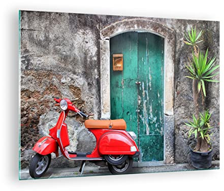 Vidrios decorativos Scooter transporte italia retro Cuadro Sobre Vidrio Moderno 70x50cm Decoracion Salon Dormitorio Cocina Cuadros Pared Impresiones Impresión en Cristal Wall Art Prints GAA70x50-2571