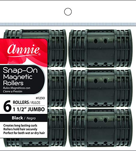 Annie Snap-On Magnetic Hair Rollers – Jumbo 1 1/2 Inch with Locking Snap-Over Hood – Secure Hold No Pins Needed – Black, 6 Count