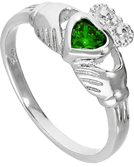 Anello Claddagh con pietra natale Maggio in Argento Sterling e Cristallo CZ verde smeraldo | Misura Anello 9 (Disponibili 8-23)