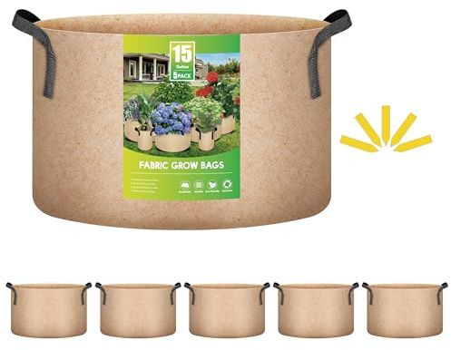 iPower 5 pack 15 gallon grow bags non woven pots aeration container with strap handles for garden and plants