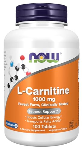 NOW Foods Supplements, L-Carnitine 1,000 mg, Purest Form, Amino Acid, Fitness Support*, 100 Tablets