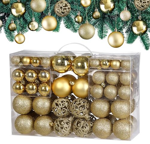Deuba® Weihnachtskugeln 100tlg Ø 3-6cm Kunststoff matt glänzend Christbaumkugeln Christbaumschmuck Anhänger Weihnachtsbaumkugeln Weihnachtsdeko Gold