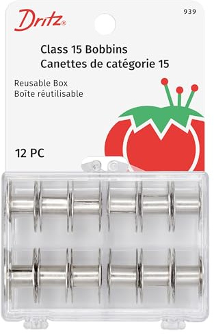 Dritz 939 Bobbins, Class 15, Metal, Includes Reusable Storage Box, (12-Count)