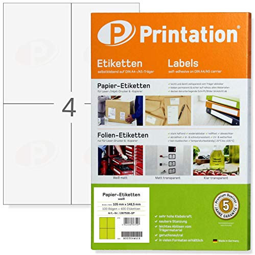 Printation Universal Etiketten 105 x 148 mm, 400 Versandetiketten selbstklebend, 4 Etiketten Selbstklebend A6 pro Blatt, 100 Blatt A4, Versandetiketten selbstklebend, Versand-Aufkleber zum Bedrucken