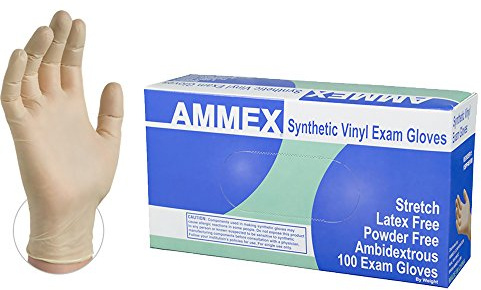 AMMEX Medical Ivory Stretch Synthetic Vinyl Gloves, Box of 100, 4 mil, Size Medium, Latex Free, Powder Free, Disposable, Non-Sterile, VSPF44100-BX