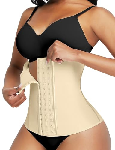 FeelinGirl Midjetränare Latexkorsett för Damer Midja Tränare med 9 Stålstruktur Träning Midja Cincher Sport Underbröstkorsett Midjeformare Magkontroll Plusstorlek med Hake av 3 rader-Beige XXL