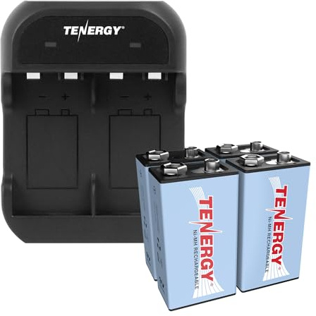 Tenergy 9V Battery Rechargeable 250mAh 4 Pack NiMH Square Battery with 2 Bay 9V Battery Charger for Smoke Alarm/Detector