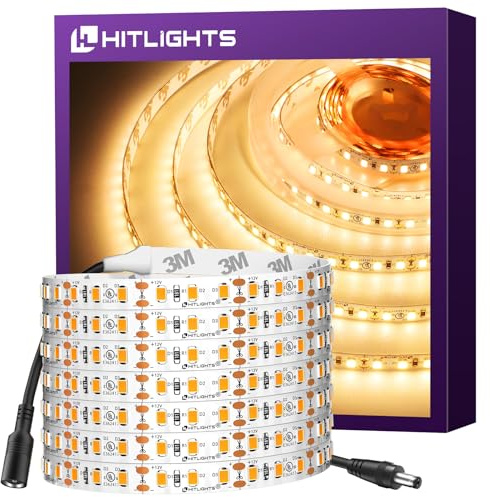 HitLights LED Strip Lights Warm White 3000K, 16.4ft High Density Tape Light, UL-Listed, 600 LEDs, 300Lm/ft, 12V Flexible Dimmable Rope Lights for Bedroom, Kitchen, Cabinet (Power Source Not Included)