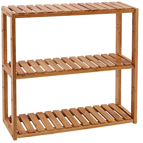 SONGMICS Badregal, Badezimmerregal, Bambus-Regal, Pflanzenregal mit 3 verstellbaren Ablagen, Wandmontage, freistehend, für Wohnzimmer, Flur, Küche, 60 x 15 x 54 cm, naturfarben BCB13Y