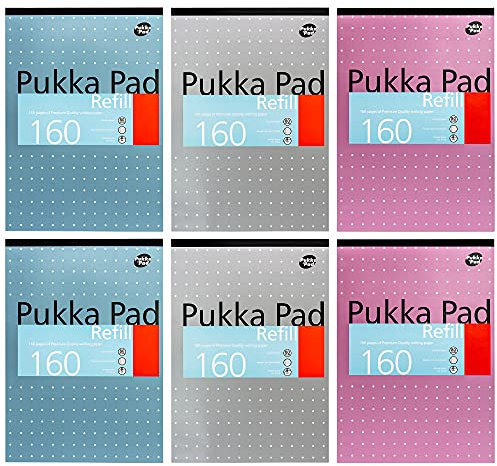 Pukka Pad, A4 Refill Notepad – 160 Pages of Premium Quality Paper - 80GSM, with Feint Ruled 8mm Lines and Margin – Tape Head Bound with 4-Holepunch – 29.7 x 21cm – Pack of 6, Assorted Colours