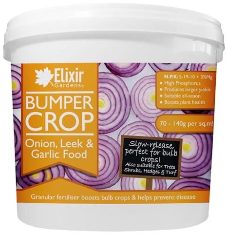 Elixir Gardens Bumper Crop Onion, Leek & Garlic Food | 500g-25kg Weights Available in Bags & Tubs | Bulb Root Fertiliser & Plant Feed | 20kg Tub | Treats over 280sqm