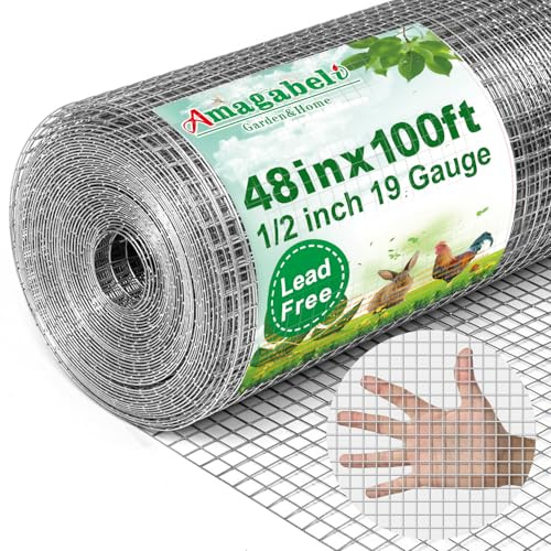 Amagabeli Hardware Cloth 1/2 inch 48 x 100 ft 19 Gauge Chicken Wire Fence Hot-Dipped Galvanized After Welding Welded Wire Fencing Mesh Roll Plant Support Gopher Snake Rodent Rabbit Poultry Netting