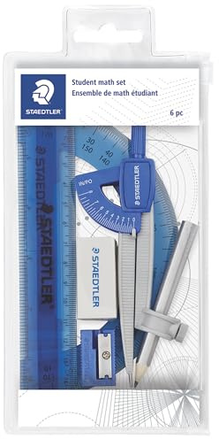 STAEDTLER Student Math Set - Essential School Supplies with 6-Piece - Compass, 6in Ruler, 180° Protractor, Pencil, Eraser & Sharpener in Zippered Storage Pouch