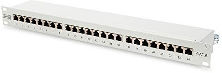 DIGITUS Patchpanel - 19-Zoll - Cat-6 - 24-Port RJ45 - Geschirmt - LSA Patch-Feld - Rack-Montage 1HE - Grau