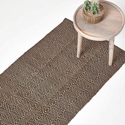 Homescapes Naturfaser-Teppichläufer, 66 x 200 cm, 100% Jute-Küchenläufer, mit geometrischem Rautenmuster, schwarz-beige