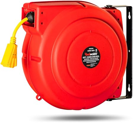 ReelWorks Extension Cord Reel Retractable 12AWG x 65' Foot 3C/SJT Heavy Duty Commercial Cable Triple Tap Connector Power 15A 125VAC 1875W