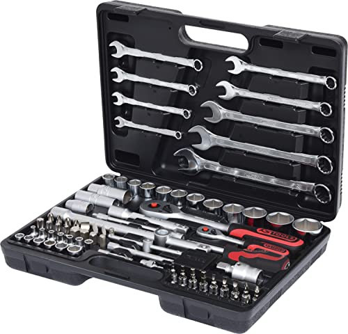 KS Tools 911.0682 1/4 Zoll + 1/2 Zoll Steckschlüssel-Satz | inklusive 2 Umschaltknarren, 45-Zahn | matt satiniert | 82-tlg.