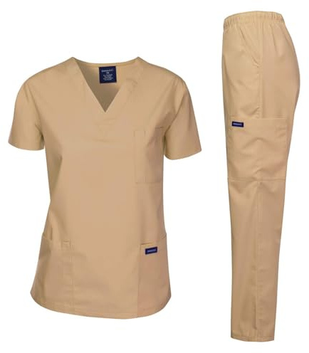 Dagacci Medical Uniform Scrubs Set, Khaki XXL, Unisex Classic Fit V-Neck Top & Cargo Pant