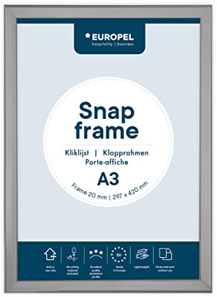 EUROPEL Klapprahmen A3 mit 20 mm Aluminium-Profil - aufklappbarer Plakatrahmen mit Gehrungsecke - Schnapprahmen für u.a. Poster, Zertifikate, Fotos & Werbemittel - Silber
