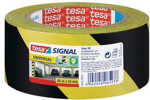 tesa Signal Markierungsklebeband UNIVERSAL - selbstklebendes Warnband zur permanenten Markierung und Kennzeichnung von Gefahrenzonen - aus robustem PP - 66 m x 50 mm - Gelb/Schwarz