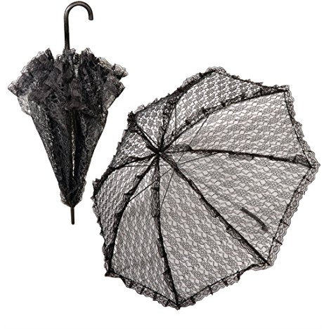 NET TOYS Schwarzer Spitzenschirm Rüschenschirm Sonnenschirm Regenschirm Spitzen Schirm Rüschen Fasnet Fasnacht Accessoire