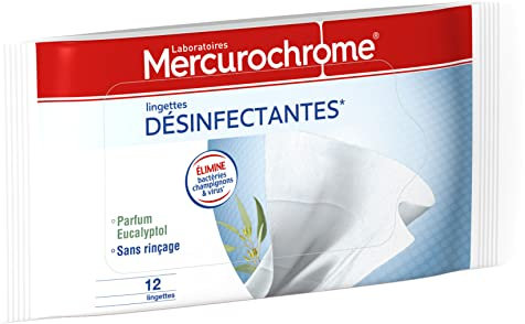 MERCUROCHROME - Lingettes Désinfectantes - Eliminent les Bactéries, les Champignons et les Virus - Multi-Usages - Etui Fraicheur - Sans Rinçage - 12 Lingettes