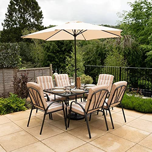 Hectare 6 Seater Metal Garden Furniture Outdoor Dining Set with Table and Parasol in Beige Stripe