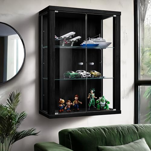 K-Möbel Hängevitrine Glas (80x60x25cm) - Made in Germany - Glasvitrine hängend mit 2 höhenverstellbaren Glasböden aus ESG in Schwarz - Schrank mit Glastüren - Wandvitrine - Display Cabinet