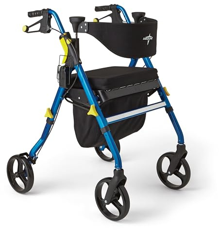 Medline Premium Empower Folding Mobility Rollator Walker with Memory Foam Seat, Black & Blue, 300 lb. Weight Capacity, 8” Wheels, Cupholder, Rolling Walker for Mobility Impairment, Adjustable Handles