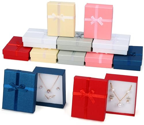 Kurtzy Schmuck-Geschenkschachtel aus Papier (12 Stück) – 8,5 x 6,5 x 2,5 cm – 6 Farben – Geschenkbox für Ring, Ohrringe, Halsketten und Armbänder aus Karton mit Schaumstoffeinsätzen