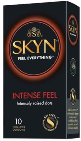 SKYN Intense Feel Condoms Pack of 10 SKYNFEEL Latex Free Condoms for Men, Regular Size, Thin, Ribbed and Dotted Straight Shape, Lubricated, 53mm Wide