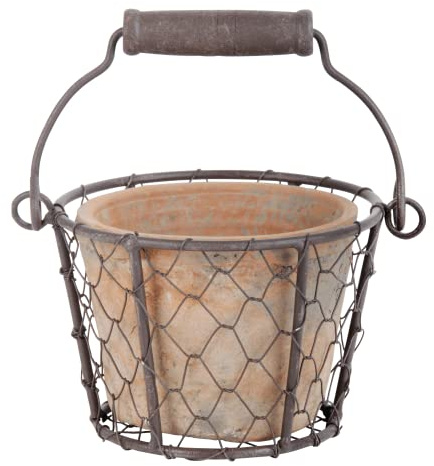 Esschert Design Blumentopf, Übertopf in Aged Terracotta im Henkelkorb, ca. 15 cm x 13 cm x 9,5 cm