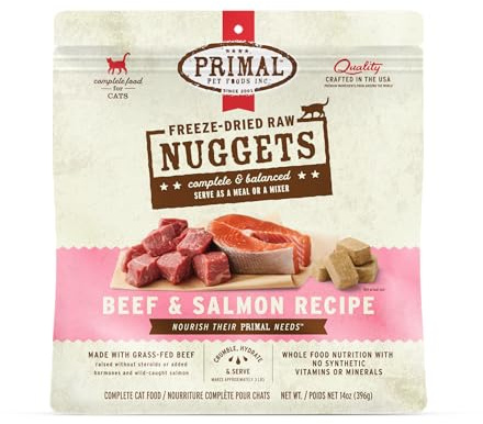 Primal Freeze Dried Raw Cat Food Nuggets Beef & Salmon, Complete & Balanced Meal or Topper, Premium, Healthy, Grain Free, High Protein Raw Cat Food with Probiotics (14 oz)