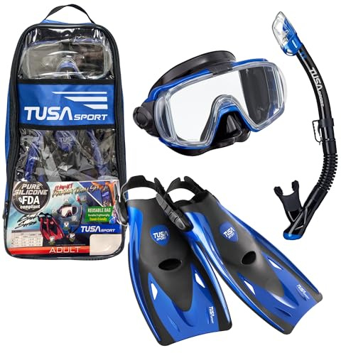 TUSA Sport Adult Visio Tri-Ex Mask, Dry Snorkel, and Fins Travel Set, Black/Metallic Blue, Medium (UP-3521QB-MB-M)