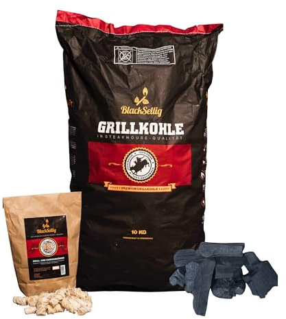 BlackSellig Steakhouse Grillkohle - Premium Quebracho Blanco Holzkohle | Lange Brenndauer | Hohe Hitze | Geringe Rauchentwicklung (10kg + 50 Anzünder)