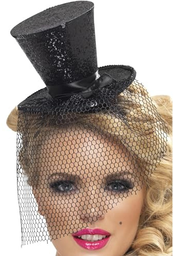 Smiffys Fever Kollektion, Mini-Zylinder auf Kopfband, Schwarz, mit abnehmbarem Netz Halloween
