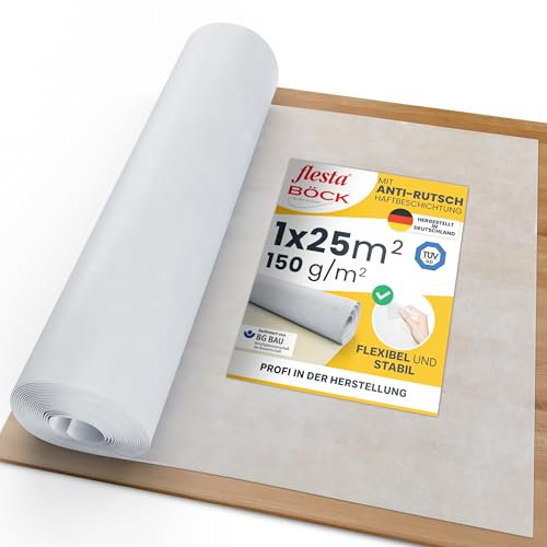 flesta® Abdeckvlies EasyTopper 1 x 25 m I Selbsthaftendes Malervlies Rolle 150 g/m² I Abdeckvlies für Boden & Treppe I Rutschfestes Renovierungsvlies mit PE-Folie I Für Malerarbeiten