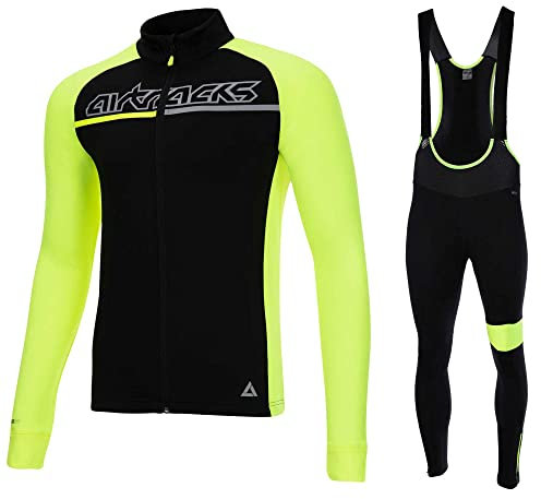 Airtracks Herren Winter Fahrradtrikot Set Pro Team II - Thermo Trägerhose Pro Team II - Thermo Fahrradtrikot Pro Team - optimal für Herbst - Winter - schwarz-neon - M