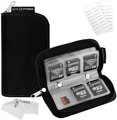 Eco-Fused Memory Card Carrying Case - Suitable for SDHC and SD Cards - 8 Pages and 22 Slots - Microfiber Cleaning Cloth Included - 22 Slots, Black