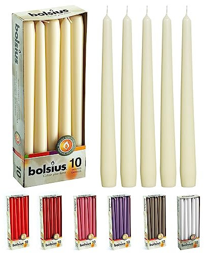 BOLSIUS Ivory Taper Candles - 10 Pack Unscented 10 Inch Dinner Candle Set - 8 Hours Burn Time - Premium European Quality - Smokeless and Dripless Household, Wedding, Party, and Home Décor Candlesticks