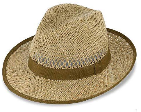 fiebig Bogart Strohhut für Damen & Herren | Sommerhut mit Ripsband & Einfass | Sonnenhut mit breiter Krempe | Fedora Made in Italy | Farbe Natur (57-M)