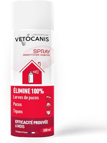 VETOCANIS Spray Anti-Puces et Anti-Acariens pour la maison. Traite 140 m2. Elimine les Puces Adultes et les Œufs dans l'Environnement de votre Chien et Chat. Lot de 2