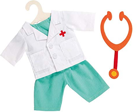 Heless 1653 - Conjunto de ropa para muñecas, traje de médico de 4 piezas con pantalón, camisa, bata de médico y estetoscopio, tamaño 28 - 35 cm