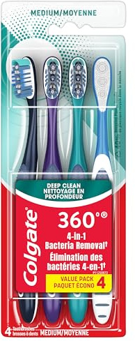 Colgate 360 Whole Mouth Toothbrush, Adult Toothbrushes Medium Bristles, Helps Remove Bad Breath Bacteria and Plaque, Medium Toothbrush Pack, Includes Cheek and Tongue Cleaner, 4 Pack