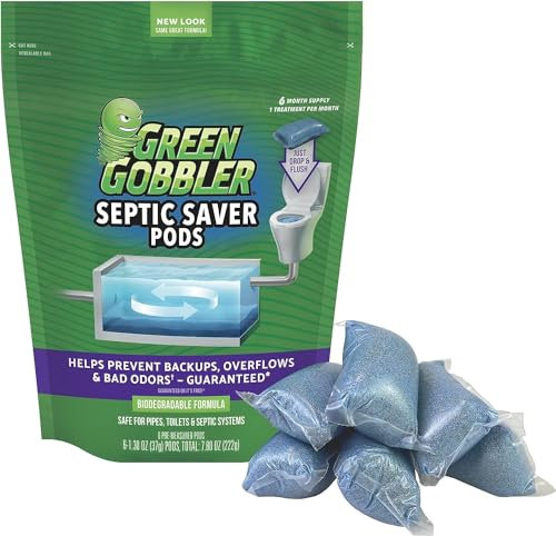 Green Gobbler Septic Saver Pods - Sewage & Septic Tank Cleaner - Bacteria Enzyme Packs for Monthly Septic Tank Treatments - 6 Pods (222g)