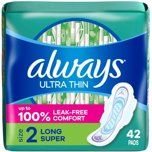Always Ultra Thin, Feminine Pads For Women, Size 2 Long Super Absorbency, With Wings, Unscented, 42 Count